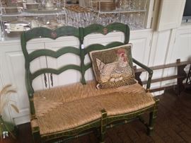 Rush seat settee; darling hen pillow