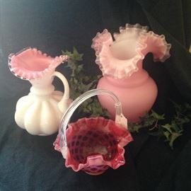 Cranberry pitcher, vase (deep ruffles), and basket