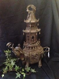 One of two antique bronze elephant incense burners