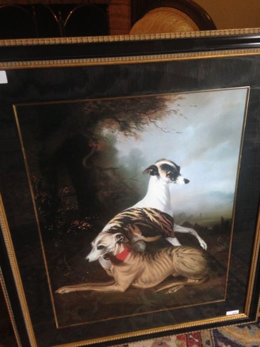 Framed art of the stately whippets (sighthound breed that originated in England)