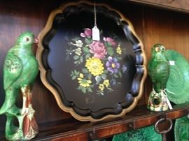 Tole hand-painted tray with bright and vivid colors; pair of green Majolica birds