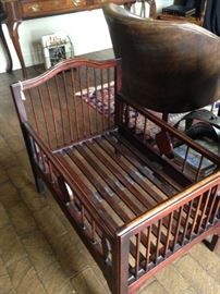 Antique baby/doll bed; one of two barrel back chairs