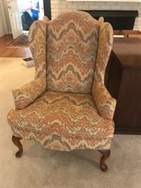 #11	(2) Ethan Allen Coral/Green Flamestitched Wingback Chairs   $75 each	 $150.00 
