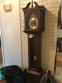 #73	Homemade Grandfather Clock w/emerald face w/weighted chains  16x10x74	 $175.00 
