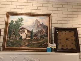 Orginal oil by Dorothy Montomery of barn with mountains behinde $600
