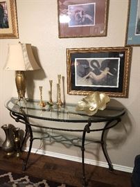 heavy glass and metal entry or sofa table  have coffee and end table that match   art -some prints -some signed 