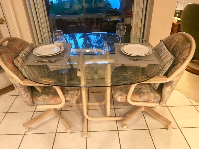 Sweet glass top breakfast table with 3 chairs on casters - available for PRE-SALE