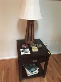 Pair of matching dark wood Side Tables and a mid-century style wooden Lamp with black inserts.