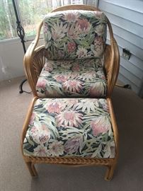 Rattan Side Chair and Ottoman with upholstered cushions