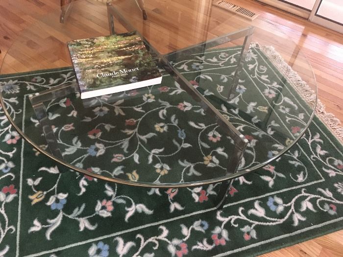 Mid-century Chrome & Glass Coffee Table and green Area Rug