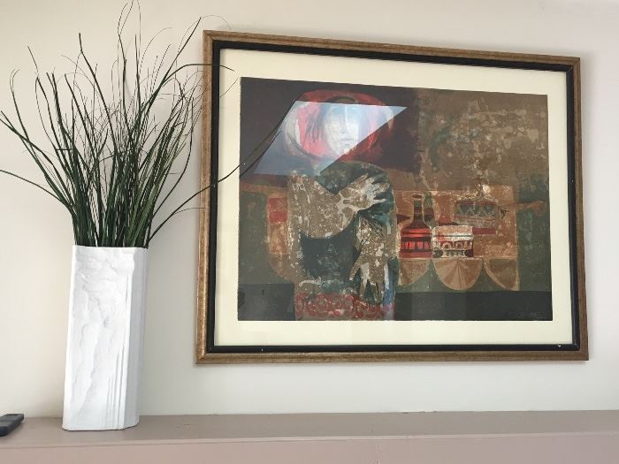 Tall rectilinear Vase made by Rosenthal paired with "Figure with Pottery" hand signed & numbered Lithograph.