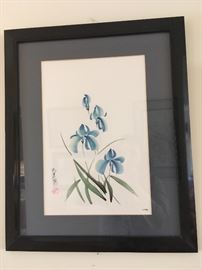 Blue Iris Chinese watercolor by artist C. Funki (signed)