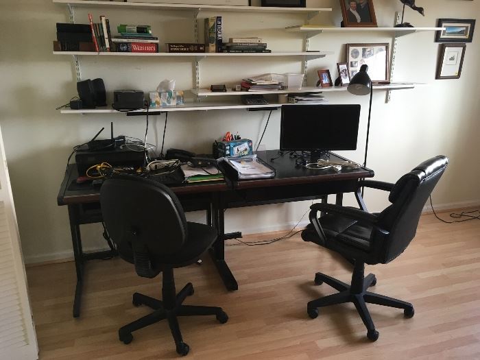 Pair of sturdy metal Desks, pair of Office Chairs, Dell Computer with keyboard and HP Envy Printer (4502)