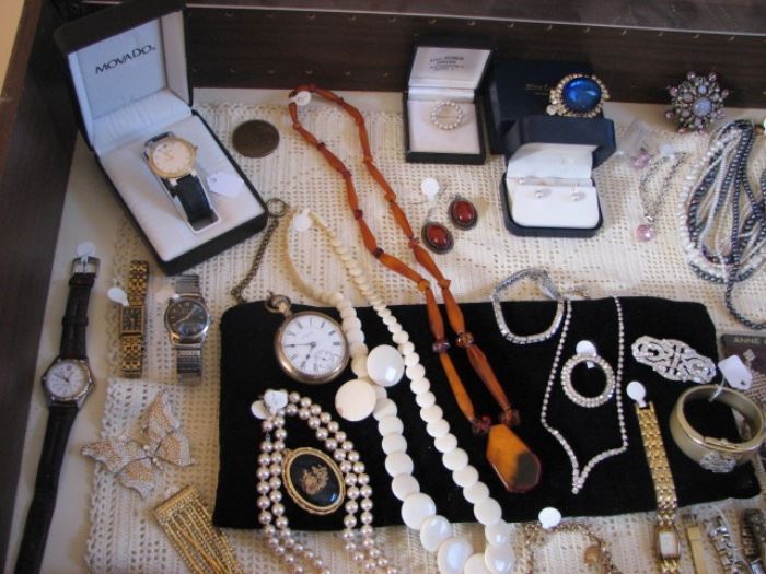 Jewelry including Amber, pearls and more along with a fine watches