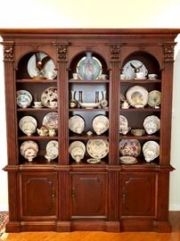 Hooker Bookcase Full of Collectible Porcelain Plates, Teacups, Objects of Art & More