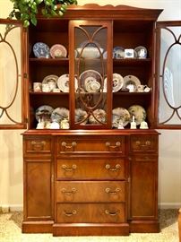 China Hutch Filled With Wedgewood, Painted Plates from Occupied Japan, British Royalty & Queen Coronation Collectibles Too