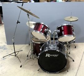 Rogers 9-Piece Drum Set, Includes Bass Drum, Snare, (2) Toms, (3) Symbols On Stands, (5) Loose Symbols, Drum Throne And More