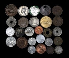 (10) 1949 German Pfennings, 1861 Great Britain 1/2 Penny, Century Sears Coin, Colorado Sales Tax Token. Amusement Park Token, More!