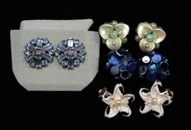 1950's Weiss Blue Rhinestone Earrings, German Bead Clip On Earrings, Japanese Bead Clip On Earrings, Cut Shell And Pearl Earrings, Total Qty 4 Pairs