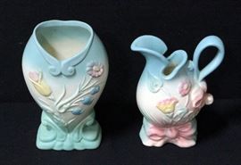 Hull Vase Marked B3 6.5"H, Hull Bow Knot Vase Marked B1 5.5"H, Hull Creamer Marked 24 3.5"H And Hull Sugar L-20-5