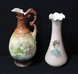 Warwick #10GA Hand Painted Signed Vase 13"H And Hand Painted Austrian Ewer With Repaired Handle 14"H