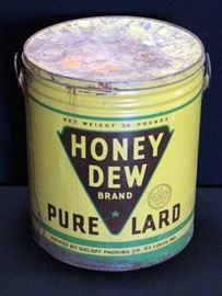 Honey Dew Brand Pure Lard 50 Lbs Tin Canister, Bunte Fine Concoctions Glass Jar, and Lidded Curtiss Candy Jar