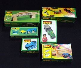 Brio Wooden Railway #33351 Viaduct, #33359 Level Crossing Barriers, #33531 Car Carrier, #33410 Engine, #33412 Engine And Coal Car, #33364 Drawbridge