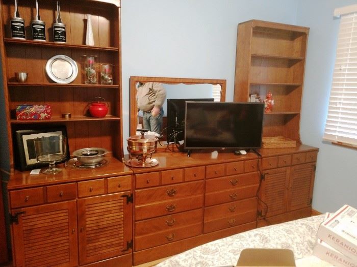Bedroom #1  Bedroom set (Ethan Allen) (9' total width), Both pieces with Bookshelves are 30" wide x 78" tall).  