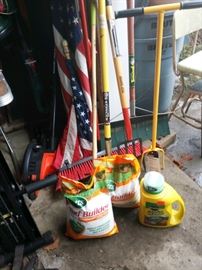 American Flags, Scotts Turf Builder Summer Guard Lawn Food, Broom, Snow Shovel, Claw Cultivator (new) and other handy tools. 
