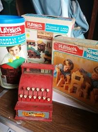 Playschool Lincoln Logs and Kindergarten Wood Blocks and Tom Thumb Cash Register