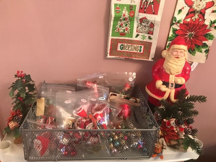 Collection Of Vintage Christmas Items ~ Linens, Ornaments, Santa Claus Lighted Figurine, Xmas Ceramics...