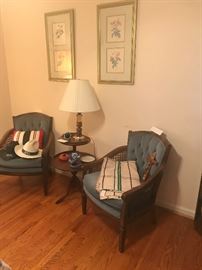 Vintage Wood And Cane Upholstered Chairs ~ Two Tiered Table