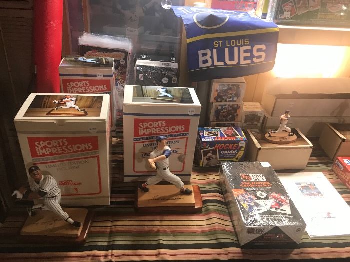 Assorted Sports Collectibles ~ Baseball Figurines With Boxes ~ Hockey & Baseball Cards