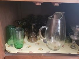 Mid Century Modern green goblets; glass water pitcher