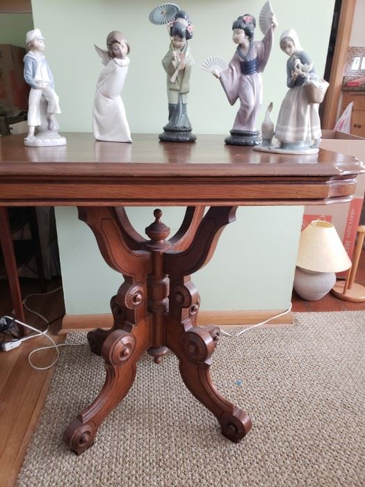 Gorgeous antique parlour table; Lladro figurines