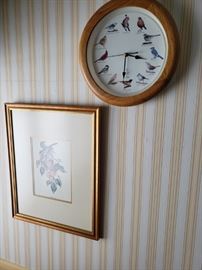 Floral print; bird clock.