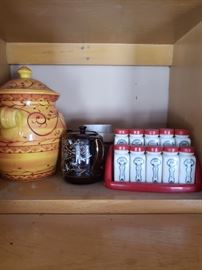 Vintage milk glass spice set; pottery; tea pot