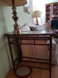 Antique picture frame with glass; beveled glass vintage end table; lamp