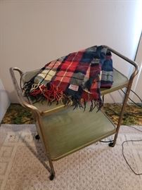 Vintage metal rolling cart; Troy Robe 100% wool blanket