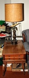 PAIR OF BALANCE SCALE TABLE LAMPS + MAPLE END TABLE