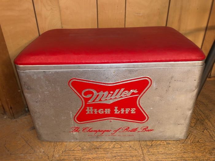 Vintage Miller High Life cooler with padded seat