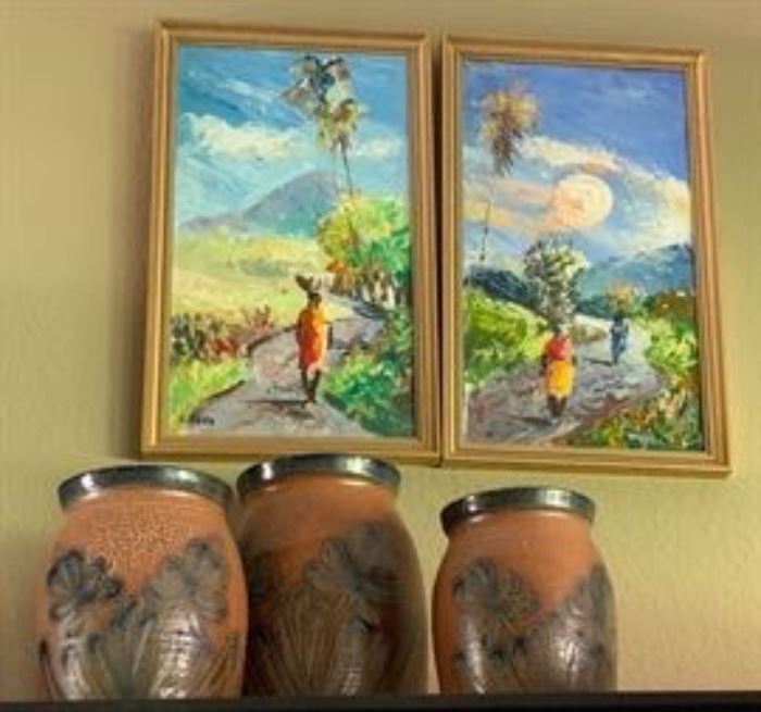 Original tropical themed paintings and hand made pottery