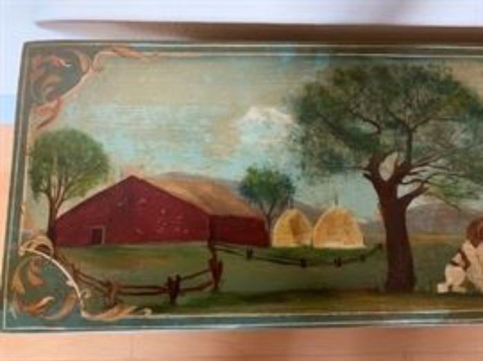 Close up of hand painted folk art bench.