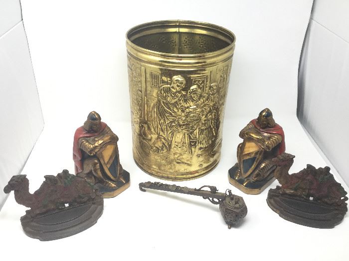 Brass and Cast Iron Bookends, Incense Holder, and Trash Can https://ctbids.com/#!/description/share/102067