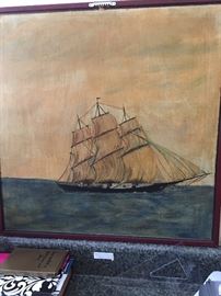 Double-sided painting.  Side 2 - Sailing Ship. Original.
