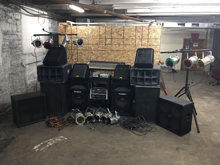 Professional Sound and Lighting Equipment  - 2 sound mixing boards, 1 small 1 large.  Bass and High End Speakers, 100' long snake that will run miltiple cables, 20-30 cables included.  2 Light Stands and 5 other mountable lights
