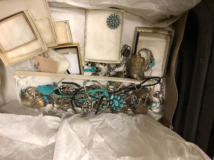 PART OF AMERICAN INDIAN SILVER & TURQUOISE JEWELRY PURCHASED IN THE LATE 1950s ON WESTERN RESERVATIONS