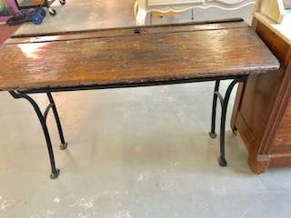 Antique Double Child's Desk with ink well . Metal base & Large Wooden Planks 