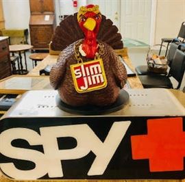 SPY sign and Slim Jim Advertising Turkey holder display