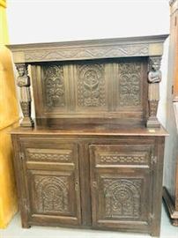 Unusual Antique carved Oak Cabinet / Buffet / Bar 